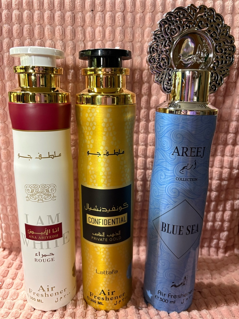 SET OF 3 Lattafa I Am White • Confidential Gold • Areej Blue Sea Air Freshener